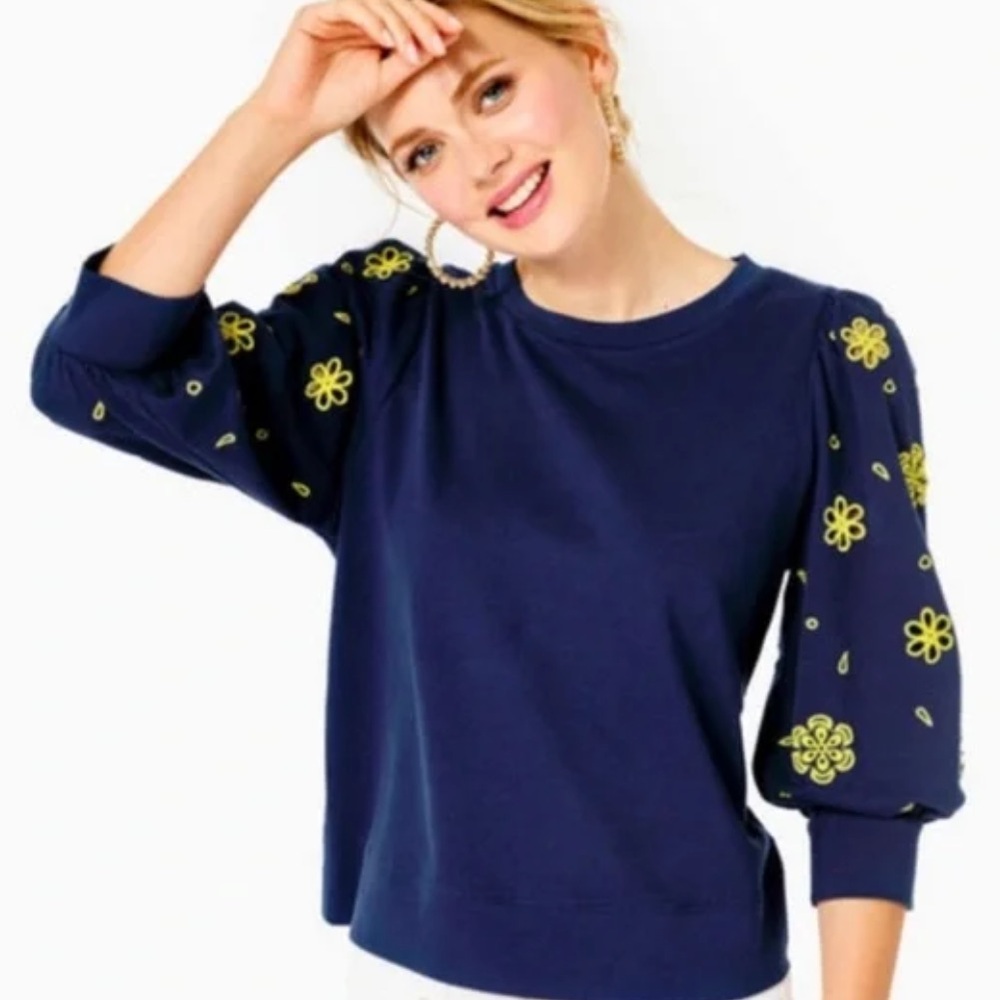 Lilly Pulitzer Corden Knit Sweatshirt Low Tide Navy Puff Sleeves Flower Cutouts